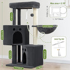 Small Cat Tree Tower for Indoor Cats, 40 In Medium Multi-Level Compact Cat House Bed with 2 Condos, Large Platform Perch, Sisal Scratching Post, Hammock, Cat Climbing Stand for Kitty kitten(Dark Grey)