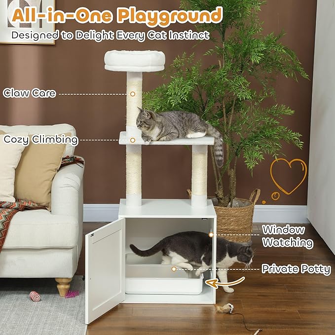 Elegant Multi-Tier Cat Tree with Privacy Litter Box, Premium Sisal Scratching Areas, Plush Bedding, Tiered Platforms - White