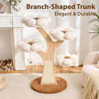 Aesthetic Flower Cat Tree Tower with Scratching Post for Indoor Cats, 48" Modern Cat Tree with Wood Sculpted Branch, Flower Cat Beds, Scratching Board & Interactive Squeaky Toy, Creamy White