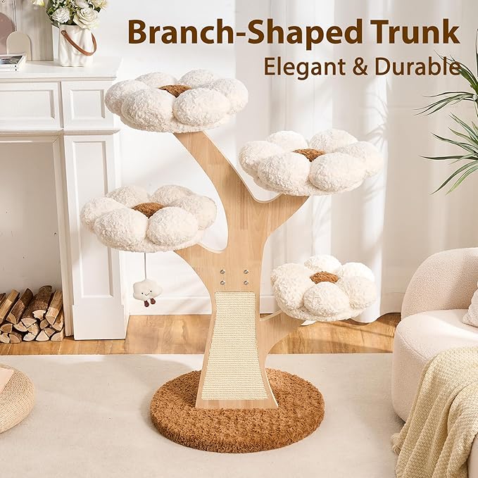 Aesthetic Flower Cat Tree Tower with Scratching Post for Indoor Cats, 48" Modern Cat Tree with Wood Sculpted Branch, Flower Cat Beds, Scratching Board & Interactive Squeaky Toy, Creamy White