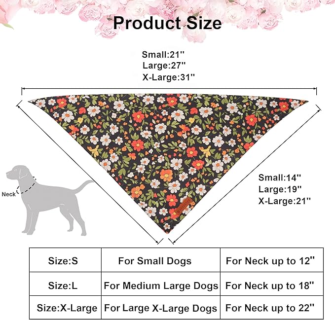 ADOGGYGO Floral Dog Bandana, Black Pink Flower Pet Scarf, Premium Durable Fabric, Cute Floral Bandanas for Extra Large Dogs (X-Large)