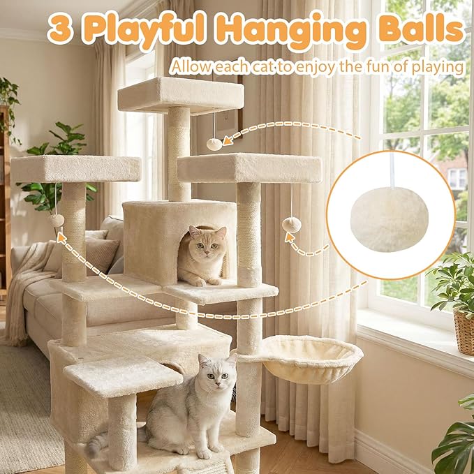 Tangkula 65 Inch Tall Cat Tree, Multi-Level Cat Tower with Sisal Scratching Posts & Board, 2 Condos, 3 Plush Top Perches, Adjustable Basket, 3 Hanging Balls for Indoor Cats (Beige)