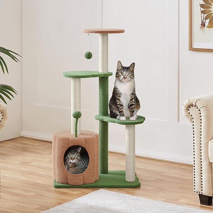 Topeakmart Cat Tree, 42in Pumpkin Cat Tower with Spring Teasing Ball and Leaf Shape Design, Cute Cat Tree with Natural Sisal Scratching Posts, Platform, Condo for Indoor Cats, Green & Brown