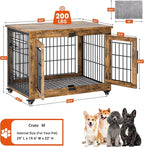 Lulive Dog Crate Furniture, Dog Kennel Indoor Double Doors Wooden Dog Cage, 32'' Heavy Duty Dog Crate with Cushion & Wheels, Decorative End Table Pet House Chew-Resistant for Medium/Small, Brown
