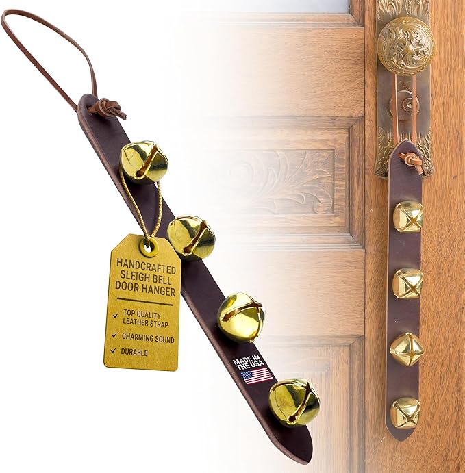 Amish Crafted Leather Strap Arctic Sleigh Bell Door Hanger Hanging Jingle Bells (Brown Leather, 14 Inches)