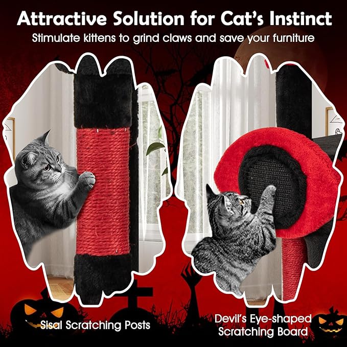 Tangkula Gothic Cat Tree, Halloween Cat Tower with Sisal Scratching Posts & Board, Spooky Bat-Shaped Platforms, Spider Toy, Devil Ear-Shaped Perch, Goth Cat Tree w/Large Hammock & Condo, Black & Red