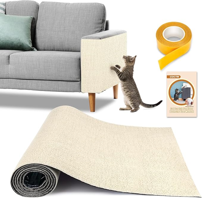 Cat Scratch Couch Furniture Protector, 90" x 16" Trimmable Anti-Scratch Couch Protector from Cat Claws with Double Self-Adhesive Carpet, Great for Sofa & Indoor Wooden Furniture (Off White)
