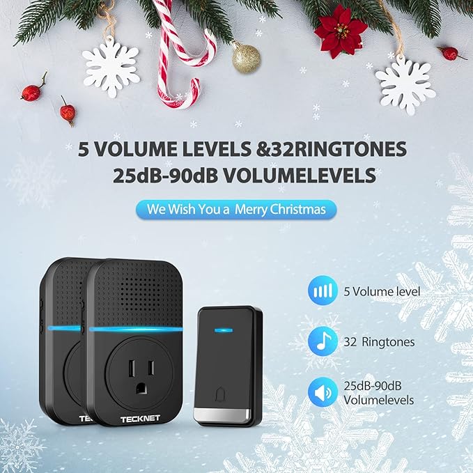 TECKNET Wireless Doorbell, Plug-through Door Bell, IP66 Waterproof Doorbells, 1300ft Cordless Rang Door Bell Ringer Wireless, 60 Ringtones & 5 Level Volume, 0-110 dB Doorbell Chime for Home/Classroom