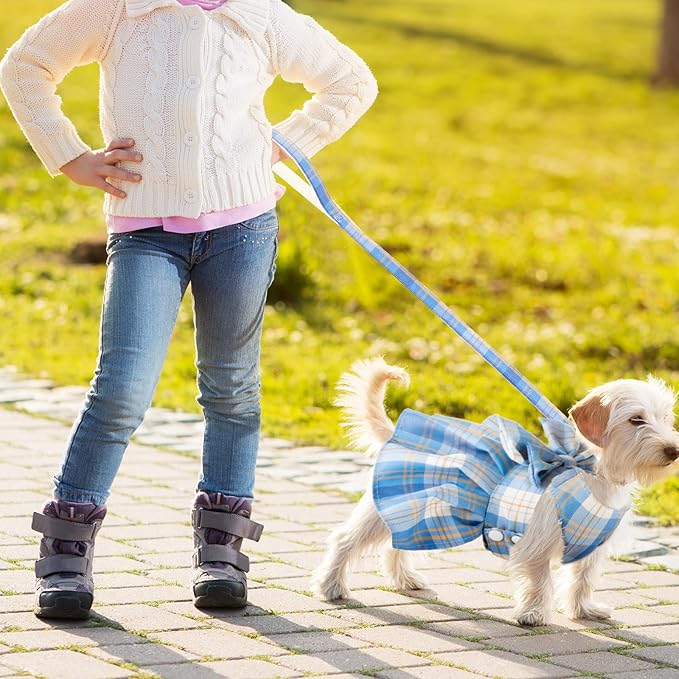 4 Pcs Cute Plaid Dog Dress Set with Bow Tie Harness & Leash for Small Dogs, Puppy Clothes for Girls Outfits(Xs,Dark Color)
