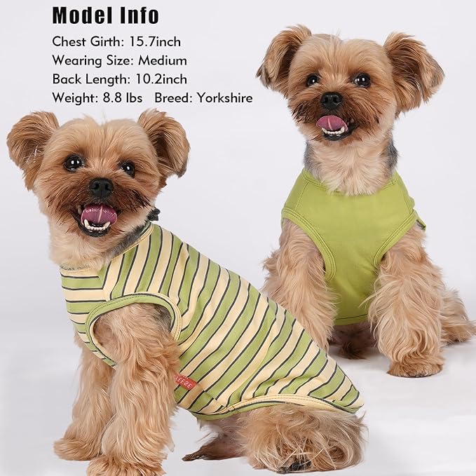 KYEESE 2Pack Dog Shirt, Soft Striped Dogs T Shirts, Lightweight Doggie Tank Top Cat Clothes, Sleeveless Dog Shirt for Small Dogs, Stretchy Pet Vest, Green, Medium