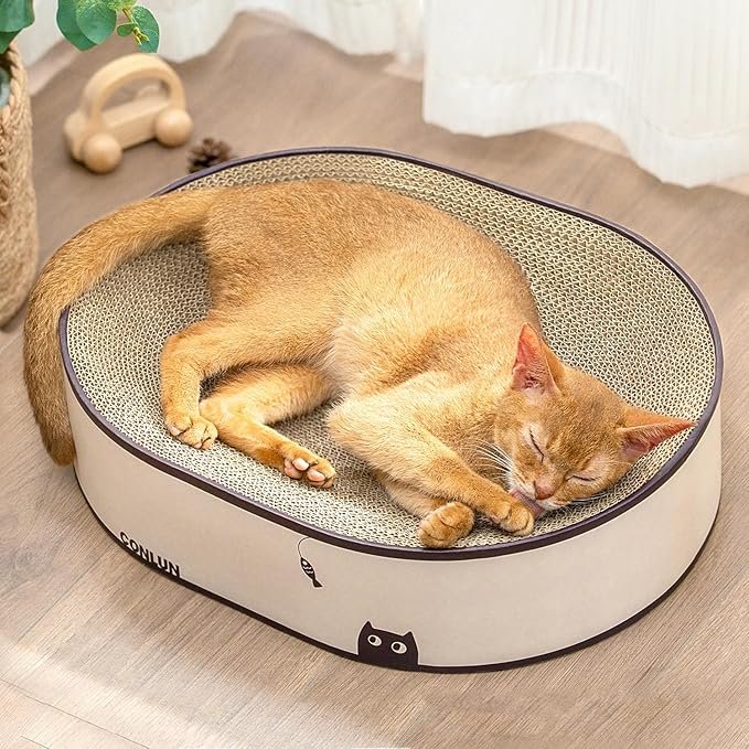 Oval Cat Scratcher Bed, 2-in-1 Cat Scratching Board, Natural Corrugated Cardboard Scratch Pad Lounge, Sealed Base Traps Debris,No Assembly Kitty Furniture,Stylish Colors Blends Any Home Decor