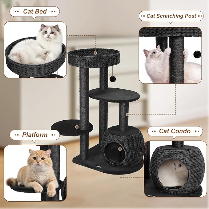 Black Cat Tree, 39" Tall Cat Tree Tower for Cats, Modern Cat Condo with Scratching Posts, Multi-Level Solid Wood Tower & Top Perch, Cat Furniture for Big Cats