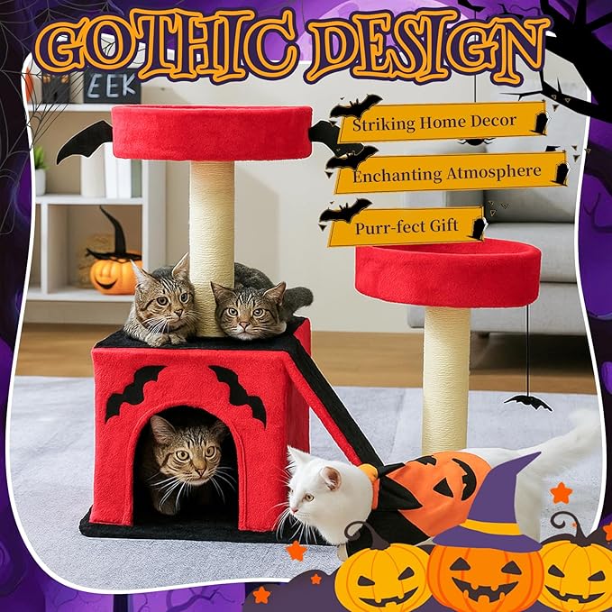 Outvita Halloween Cat Tree, 26" Cat Tower with Spacious Cat Condo, Gothic Scratching Posts with 2 Padded Perches, Large Platform, Cat Activities Furniture, Red & Black