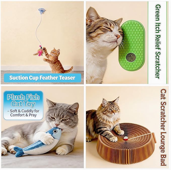 Collapsible Round Cat Scratcher Lounge Bed,Accordion Cardboard Scratching Board for Indoor Large Cats, Kitten Bed & Play Toy,16 inch