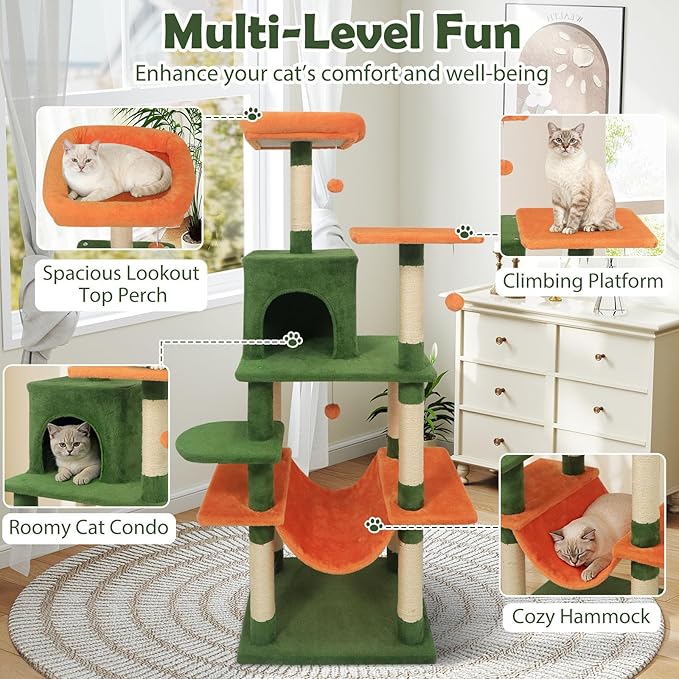 Tangkula 58 Inch Cat Tree Tower, Multi-Level Cat Tower with Sisal Scratching Posts, Padded Top Perch, Condo & Hammock, 3 Hanging Balls, Jumping Platforms for Indoor Cats (Green & Orange)