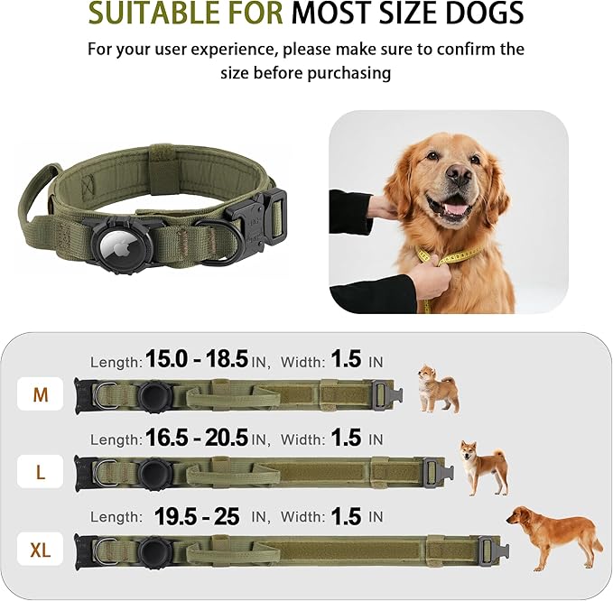 Tactical AirTag Dog Collar Leash Set - Heavy Duty, Adjustable GPS Collar Compatible with Apple AirTag, with Holder & Control Handle for Medium/Large Dogs [Green, XL]