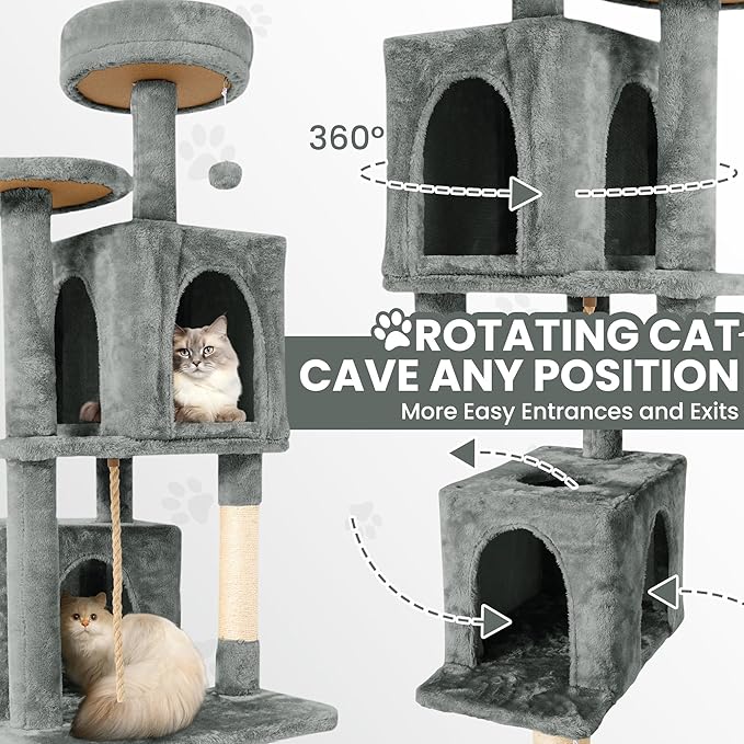 58" Cat Tree Large Cat Tower Condo w/Multi-Level Scratching Post for All Indoor Cats (Grey)