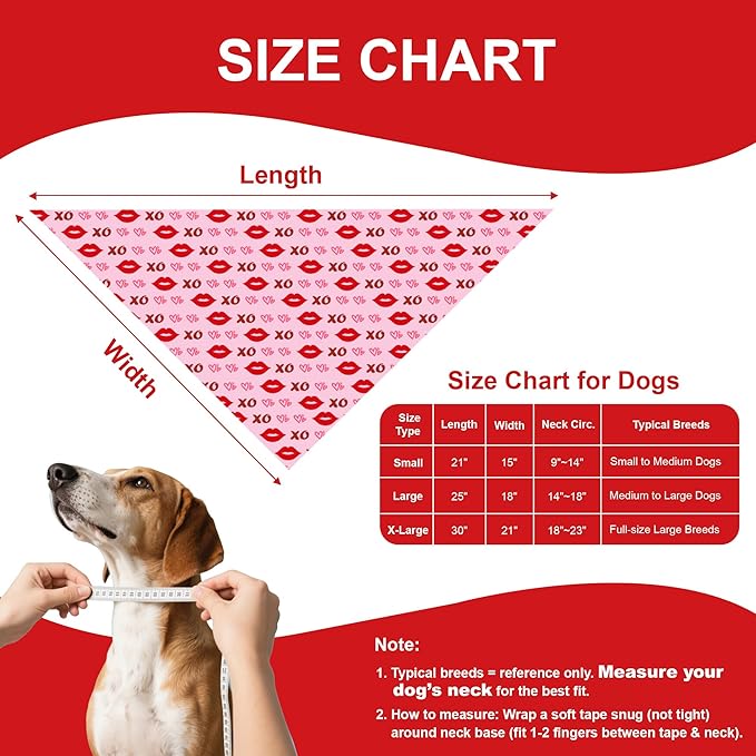 Valentine’s Day Dog Bandanas 2-Pack for Large to X-Large Dogs - Reversible Hearts, Lips & XO Scarf, Pink & Red Pet Accessories for Valentine Gift