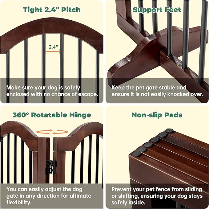 PrimeZone 144" Extra Wide Dog Gate - 36" Tall 6-Panel Solid Acacia Wooden Freestanding Puppy Gates with Door, Foldable Indoor Pet Fence for Doorways, Stairs, Support Feet Included, Brown
