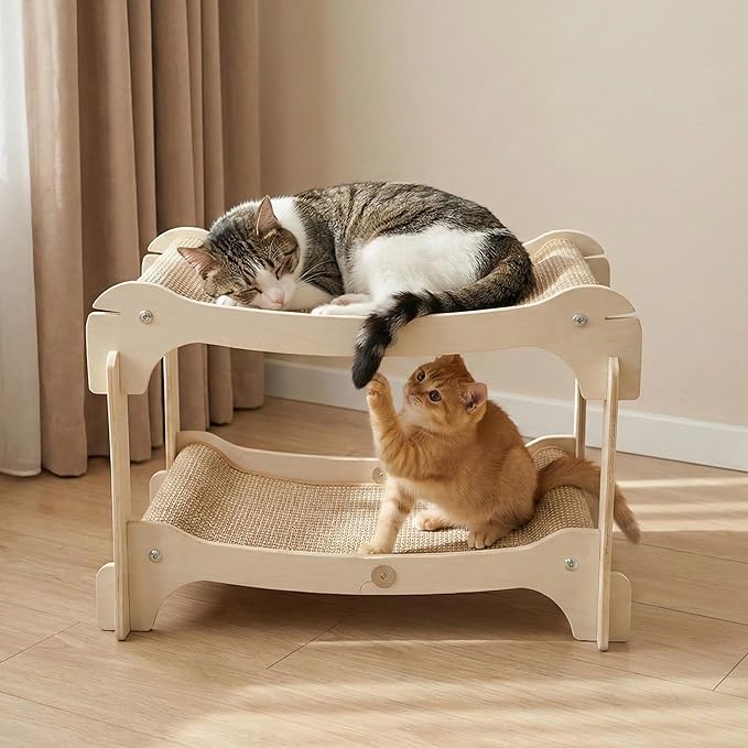 Two-Tier Sisal Cat Scratcher Bed - Large Scratching Board with Lounger Cat Scratch Pad, Sturdy Wooden Scratching Post for Indoor Kittens&Adult Cats, Easy Assemble Elevated Cats Bed Furniture
