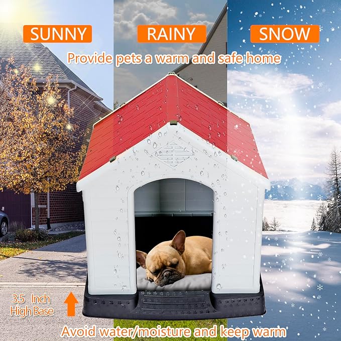 ZENY Plastic Dog House - Waterproof Dog Kennel with Air Vents and Elevated Floor All Weather Indoor Outdoor Insulated Doghouse Puppy Shelter, Easy to Assemble (Red, 28inch)