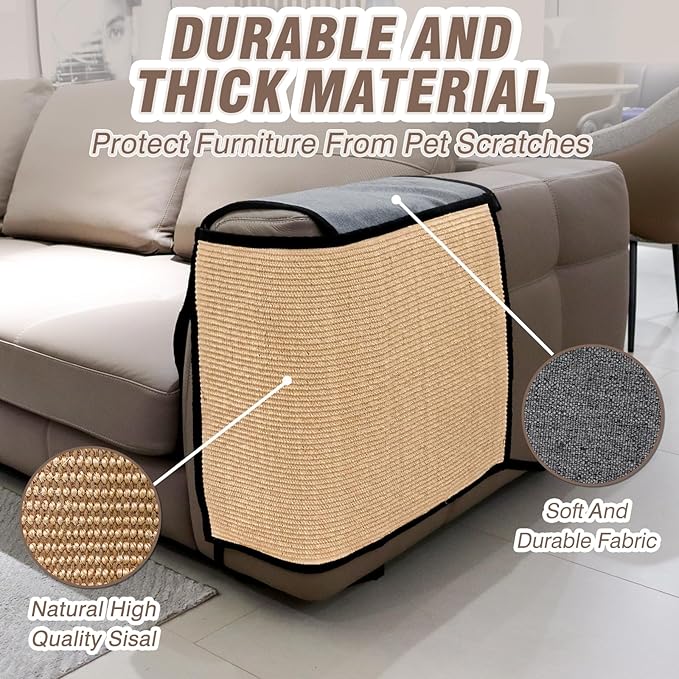 2 Pcs Cat Scratch Furniture Protector Natural Sisal Anti-Scratching Mat for Sofa Couch Chair - Suitable for Both Left and Right Sides of Furniture, Easy to Set Up