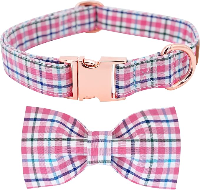 Tunkoo Dog Collar with Bow Tie Elegant Plaid Soft Comfy Cotton Adjustable Collar Premium Metal Buckle,Small Medium Large Puppy Cat Outdoor Training Walking Running（Pink Grid，S）