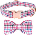 Tunkoo Dog Collar with Bow Tie Elegant Plaid Soft Comfy Cotton Adjustable Collar Premium Metal Buckle,Small Medium Large Puppy Cat Outdoor Training Walking Running（Pink Grid，S）