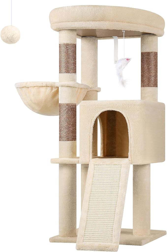 Globlazer 45" Cat Tree for 2-3 Medium Cats, Multi-Level Cat Tower with Scratching Board for Kittens and Senior Cats, Condo & Hammock Space Saving Cat Tower, F45, Beige