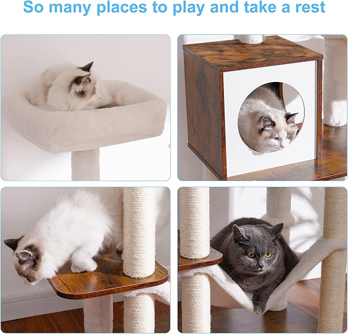 Hey-brother Wooden Cat Tree, 66.1“ Cat Furniture with Scratching Posts, Modern Cat Tower with hammocks, Toys, cat condo, Rustic Brown MPJ120SR
