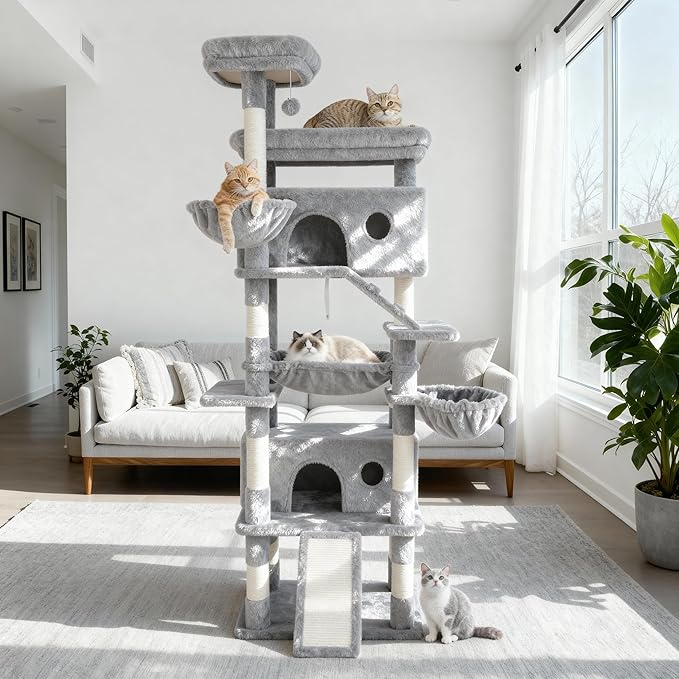 80 Inch Cat Tree, Large Cat Tower with 9 Scratching Posts, 2 Perches, 2 Caves, 2 Basket, 2 Stairs, Extra Large Hammock, Multi-Level Plush Cat Condo for Indoor Cats/Light Grey