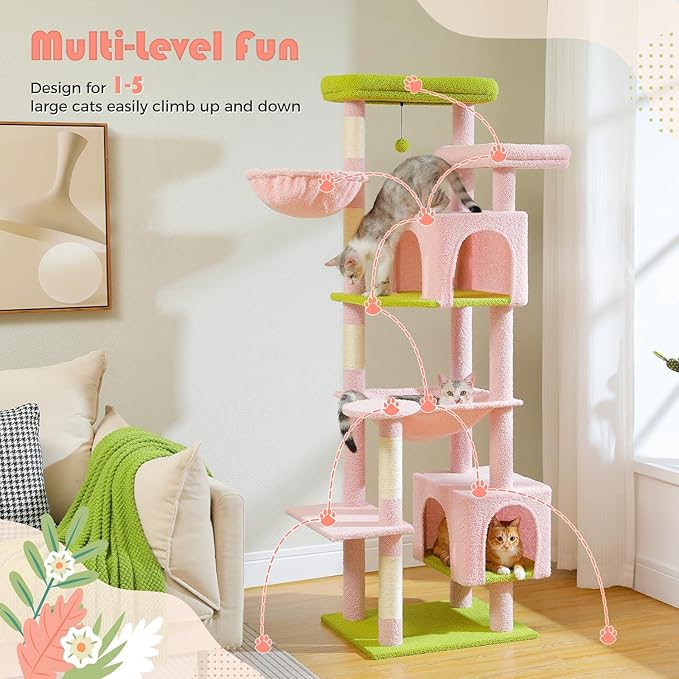 PETEPELA Large Cat Tree, 69-Inch Tall Cat Tower for Indoor Large Cats with Super Big Hammock, Cat Climbing Tree Tower with Scratching Posts, Cozy Condo House and Top Perch, Pink