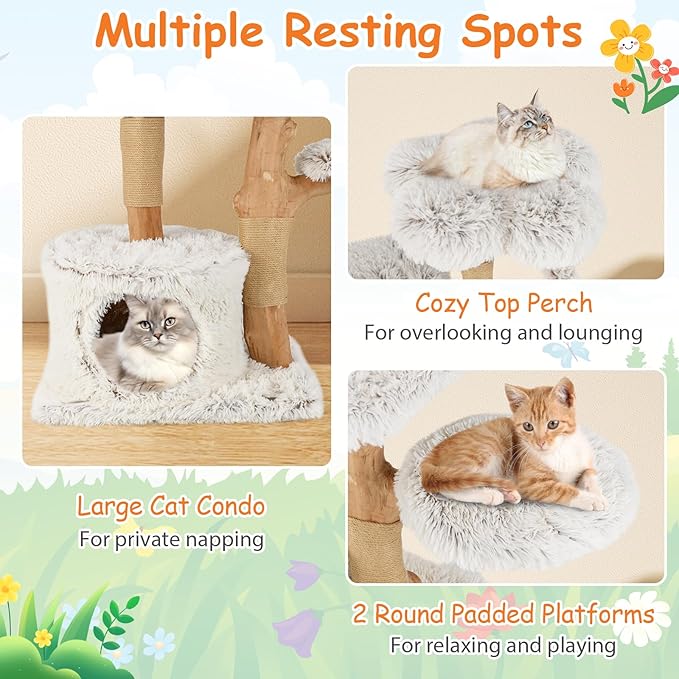 Tangkula Modern Cat Tree, 53 Inch Tall Natural Branch Wooden Cat Tower with Jute Scratching Posts, Plush Perch, Condo, Aesthetic Luxury Solid Wood Flower Cat Tree for Indoor Cats Large Adult (White)