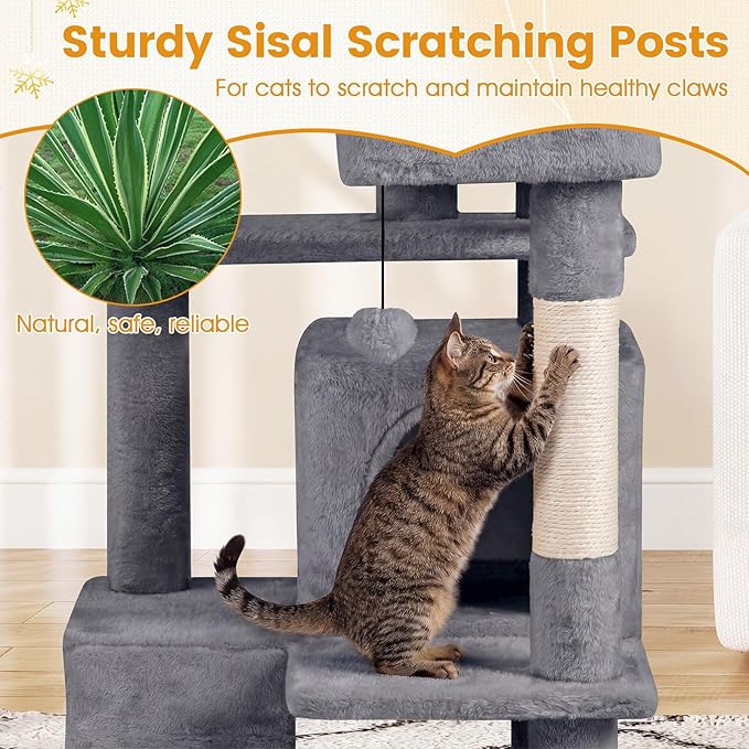 PETSITE 52-inch Cat Tree, Multi-Level Cat Tower with Sisal Scratching Posts, 2 Comfy Condos, Plush Padded Soft Top Perch, Dangling Balls, and Climbing Ladder, Ideal for Indoor Cats (Light Grey)