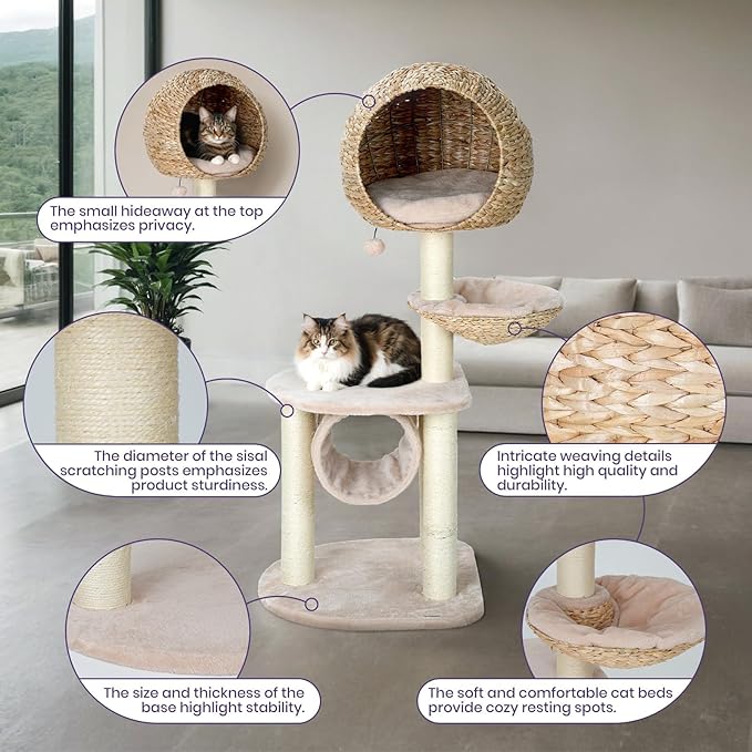 Happy & Polly 51" Rattan Cat Tree - Multi-Level Bird Nest Cat Tower for Indoor Cats, Cute Condo for Large Cats Easy to Assemble with Scratching Posts, Moder Cat Furniture Activity Center