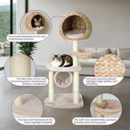 Happy & Polly 51" Rattan Cat Tree - Multi-Level Bird Nest Cat Tower for Indoor Cats, Cute Condo for Large Cats Easy to Assemble with Scratching Posts, Moder Cat Furniture Activity Center