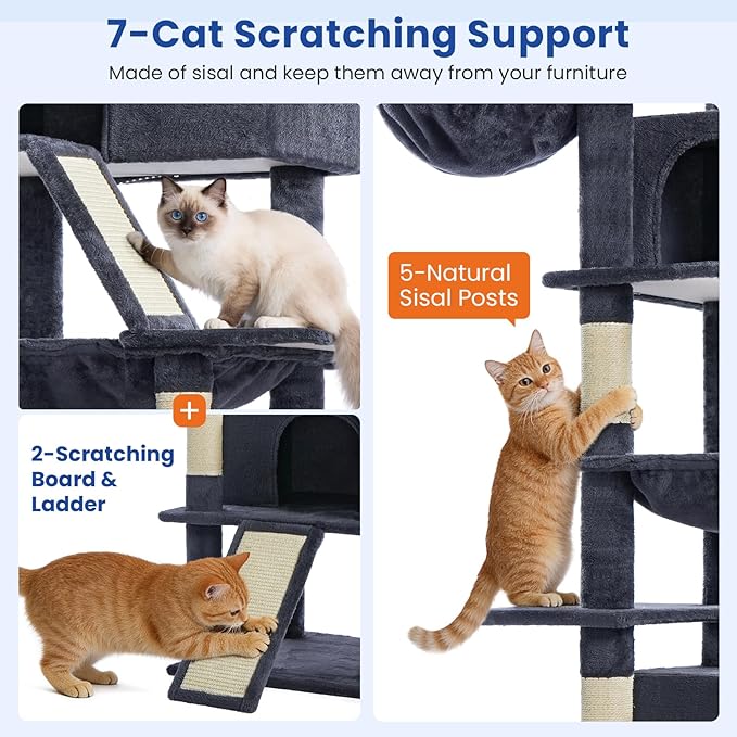 Cat Tree 82 in Multi-Level Cat Tower for Indoor Cats, Heavy Duty Large Cat Tree with Sisal Scratching Posts, Hammock, 2 Perches, 2 Condos, 2 Hanging Baskets, Dark Grey