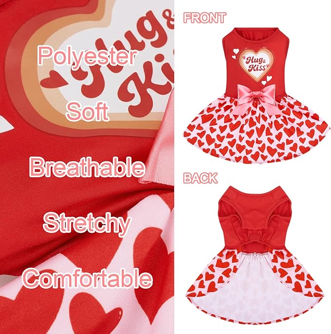 XPUDAC Valentine Dog Dress Heart Print Dog Dress for Small Dogs Girls Holiday Party Tulle Puppy Outfit Cat Apparel-M