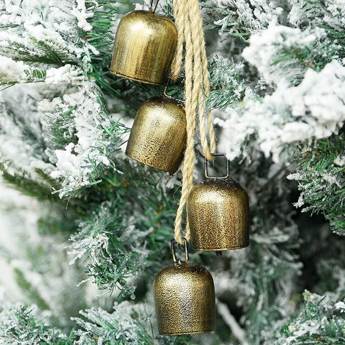 Christmas Bells,Vuskly Gold Bells Metal Hanging Bells with Jute Rope Christmas Bells for Decoration Vintage Ideal for Christmas Tree, Wreath,Party, Wedding Decorations1.6W x 20H