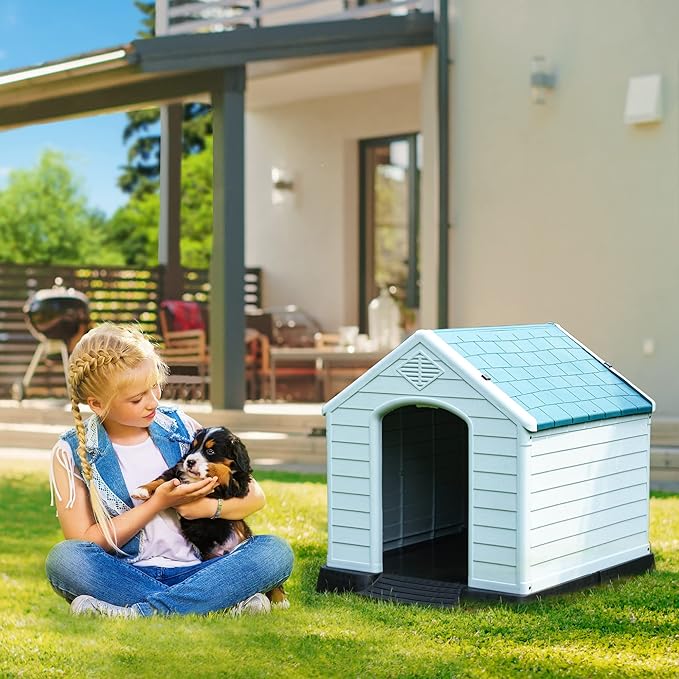 DWVO Large Outdoor Dog House, Plastic Doghouse with Air Vents and Ground Nails, Insulated Water Unaffected Puppy Shelter for Small Medium Dogs (28.5''L x 26''W x 28''H, Blue)
