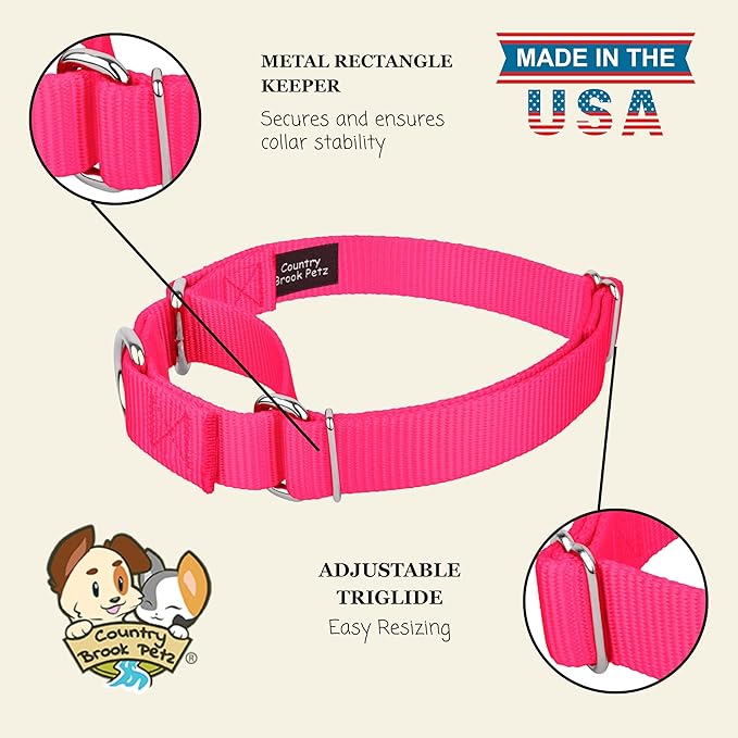 Country Brook Petz - Martingale Dog Collar - Heavy-Duty Training Collar with No Buckle - Service Dog Collar for All Pups - 10+ Warm Colors (Hot Pink, 3/4 Inch, Small)