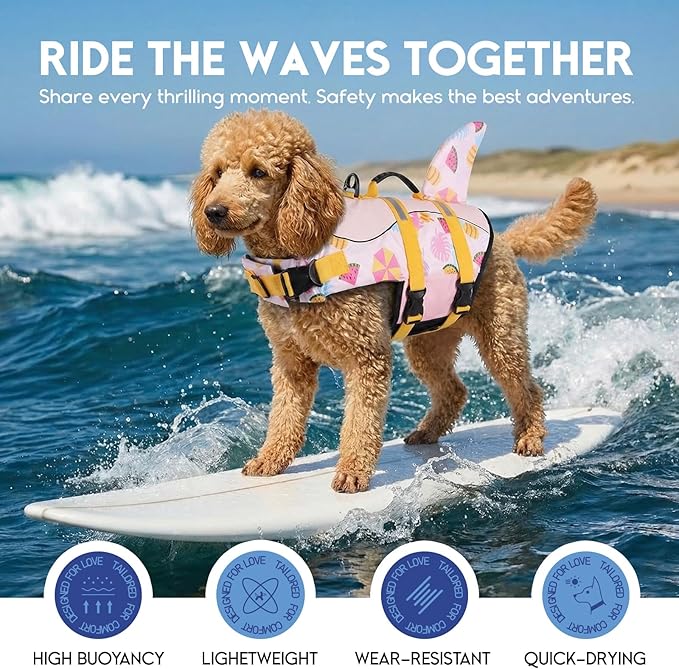 ASENKU Dog Life Jacket - Pet Safety Vest for Swimming & Boating, Shark Life Jacket with Floatation, Dog Lifesavers Swimsuits for Small Medium Large Dogs (Summerpink, L)