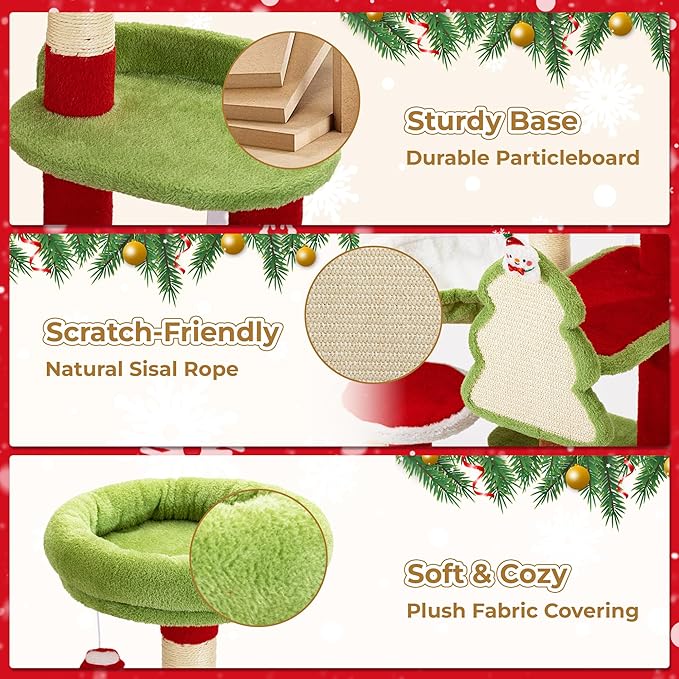 AQUILLA 55.1in Christmas Cat Tree Tower for Indoor Cats, Multi-Level Cat Condo with Sisal Scratching Posts, Cozy Hammock & Top Perches, Red & Green Holiday Pet Play House for Large Cats and Kittens