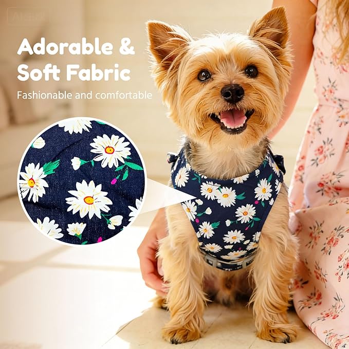 BAEJMJK Dog Harness and Leash Set with Bow Knot No Pull Pet Daisy Floral Harness with D-Ring Soft Mesh Dog Harness Vest Set Escape Proof Princess Puppy Harness for Small Girl Dogs Cats（Navy Blue L）