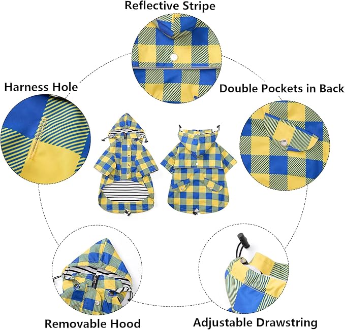 Dog rain Coat Waterproof Raincoat Puppy Jacket with Legs Buttons Zipper Hood Drawstring Fit for Yorkie Terrier Schnauzer Poodle Border Collie Labrador Golden Retriever 8lbs to 80lbs Yellow XS