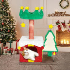 KAMABOKO Christmas Cat Tree Cat Tower with Cat Condos, 33.5" Multi-Level Top Perches, Sisal Ramp Scratching Posts, Cozy Basket, Hammocks, Large Cats Pet Activity Structure