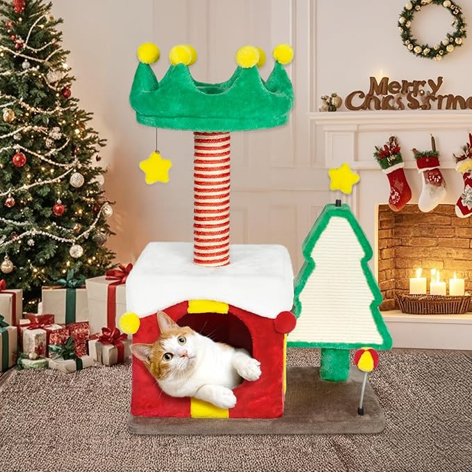 KAMABOKO Christmas Cat Tree Cat Tower with Cat Condos, 33.5" Multi-Level Top Perches, Sisal Ramp Scratching Posts, Cozy Basket, Hammocks, Large Cats Pet Activity Structure