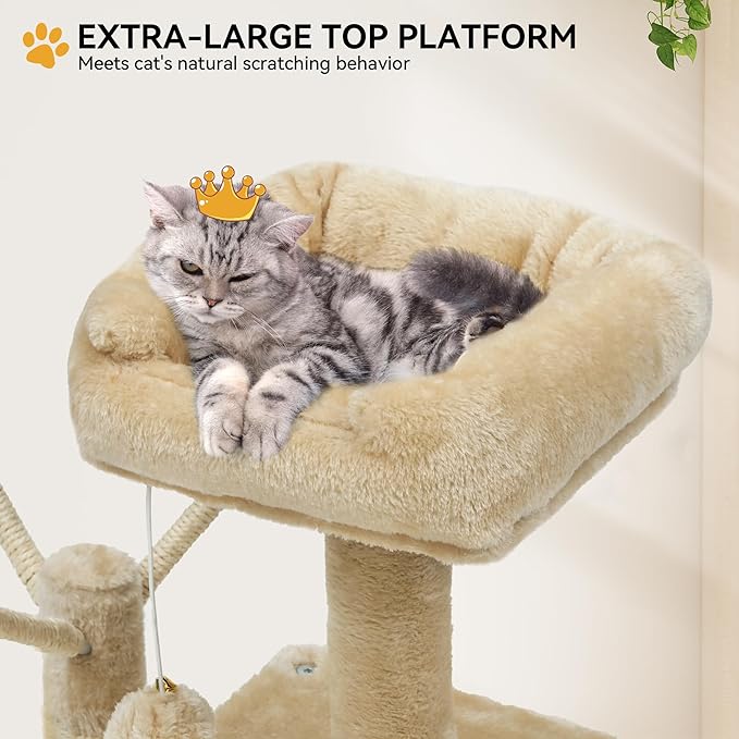 YITAHOME 44in Multi-Level Cat Tree for Indoor Kittens, Cat Furniture with Scratch Posts, Window Padded Plush Perch, Comfortable Hammock, and Interactive Pompoms, Beige