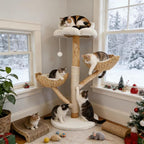 Bingopaw Modern Cat Tree Tower: 44Inch Large Cats Tree with Rattan Basket and Sturdy Base - Wooden Cat Tree with Scratching Post and Flower Shape Platform