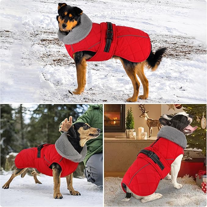 Dog Coat, Waterproof Dog Winter Jacket with Adjustable Buckle, Reflective Turtleneck Pet Snow Vest Warm Fleece Sweater for Small Medium Large Dogs - Red, 3XL